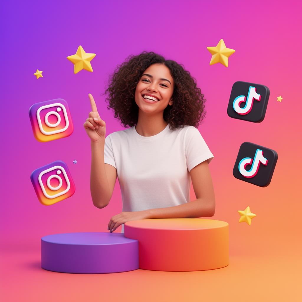 Mulher feliz com ícones de Instagram e TikTok